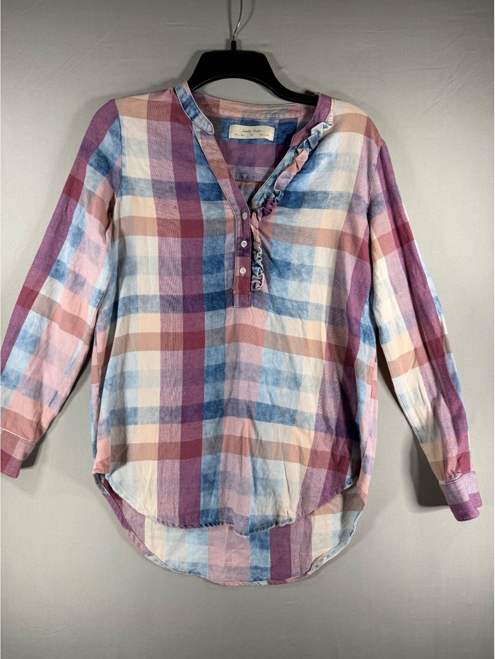 Isabella Sinclair by Anthropology XS Plaid Button-Up Shirt with Ruffle Detail